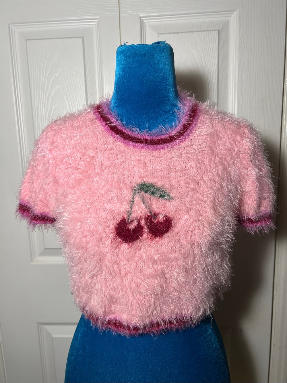 Poster Girl Cherry Bomb Fuzzy Short Sleeve Cropped Sweater Women’s Medium